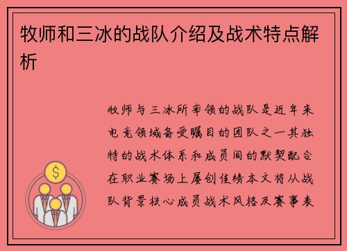牧师和三冰的战队介绍及战术特点解析